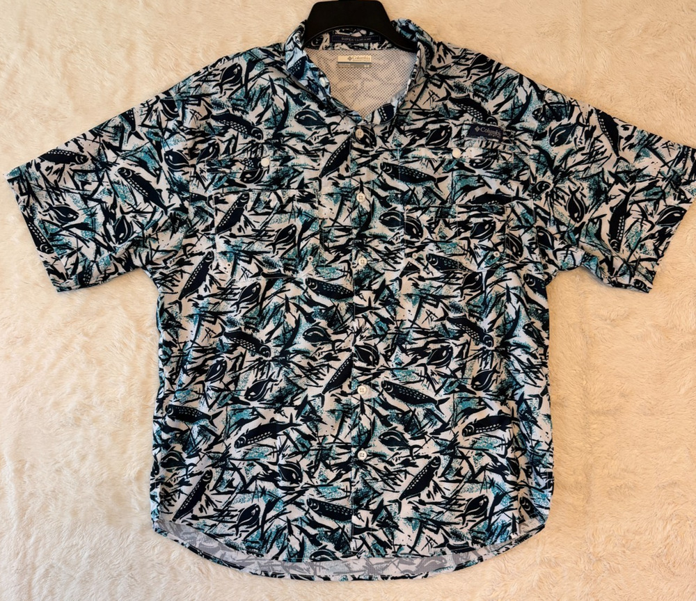 Columbia Shirt Men Medium Blue White PFG Fishing Vented Bahama II Super Tamiami